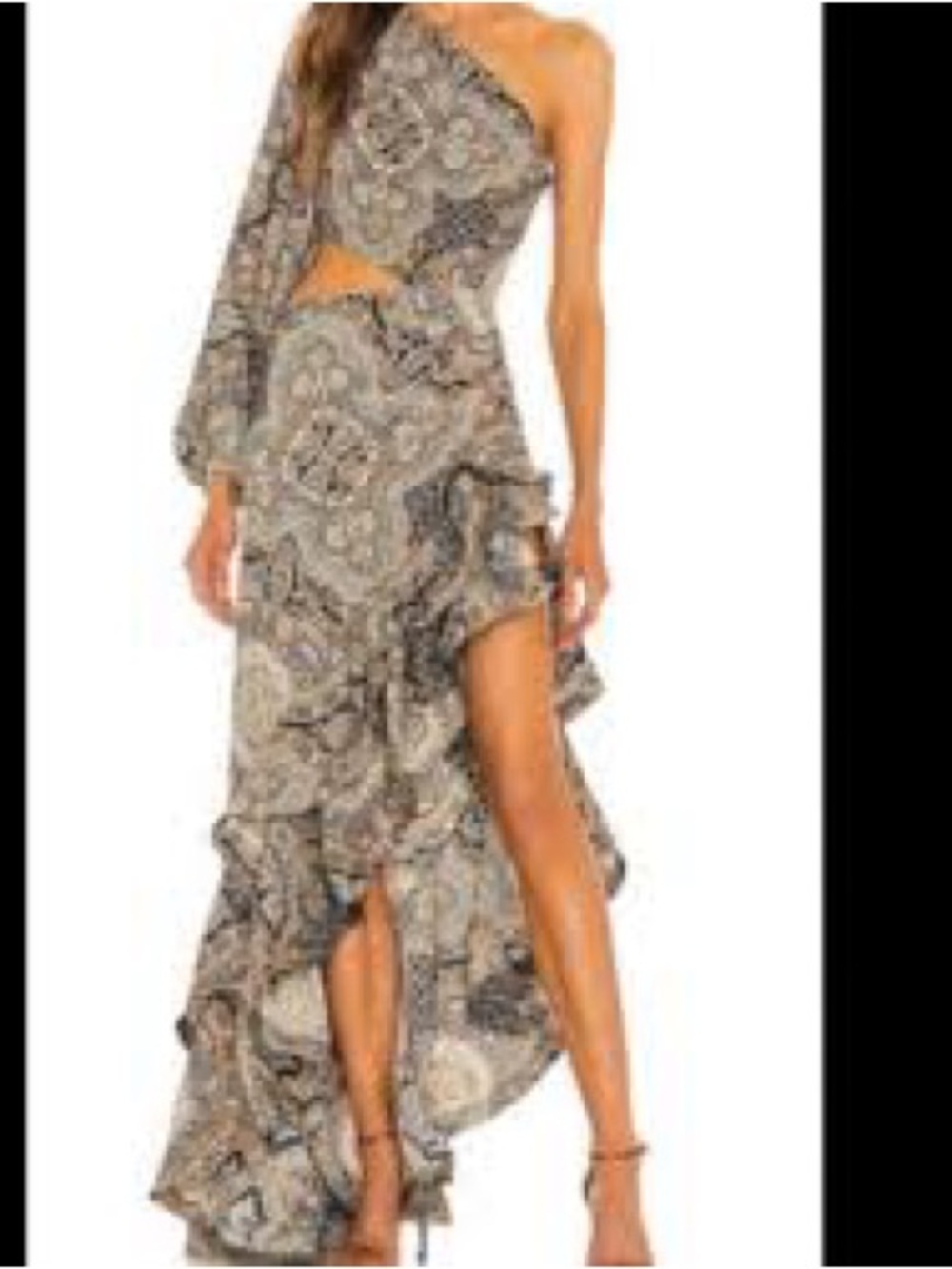 Paisley One-Shoulder Ruffle High-Low Maxi Dress in Neutral